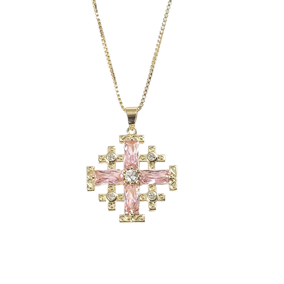 Pink Topaz Jerusalem Cross Pendant 18k Yellow Gold Plated with Crystals Nazareth Store