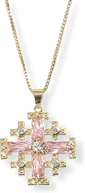 Jerusalem Cross Pendant 18k Gold plating on a silver base with created topaz and 20 inches long chain necklace.