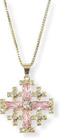 Jerusalem Cross Pendant 18k Gold plating on a silver base with created topaz and 20 inches long chain necklace.