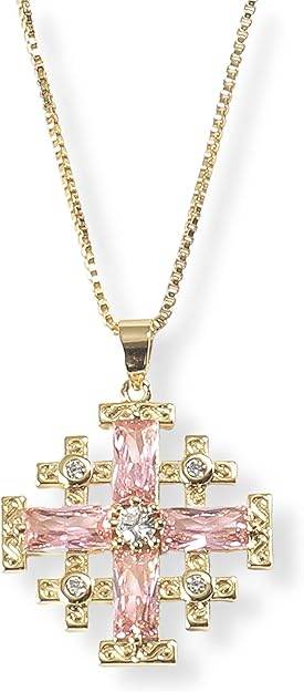 Jerusalem Cross Pendant 18k Gold plating on a silver base with created topaz and 20 inches long chain necklace.