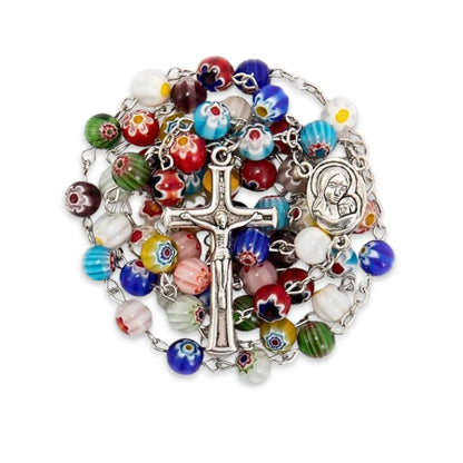 Colorful Murano Glass Rosary Necklace Millefiori Beads Rosary Holy Soil Medal and Cross - Nazareth Store