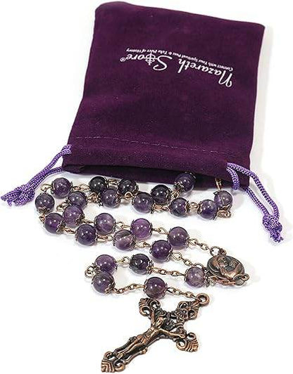 Purple Amethyst Stone Beads Rosary Necklace with Holy Soil Medal & Cross Crucifix - Nazareth Store