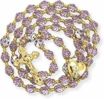 Purple Crystal Beads Gold Flowers Beaded Rosary Necklace Miraculous Heart Locket Medal (Copy)