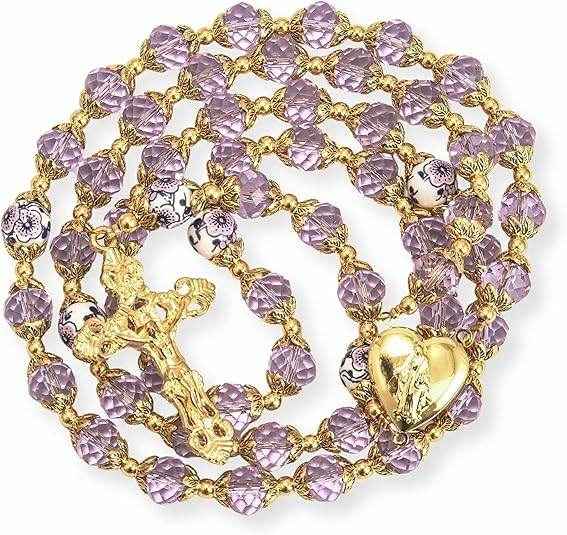 Purple Crystal Beads Gold Flowers Beaded Rosary Necklace Miraculous Heart Locket Medal (Copy)