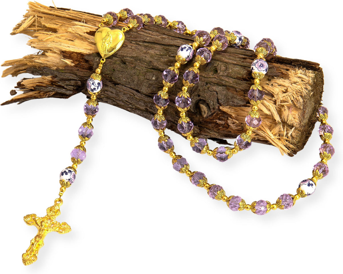 Purple Crystal Beads Gold Flowers Beaded Rosary Necklace Miraculous Heart Locket Medal (Copy)