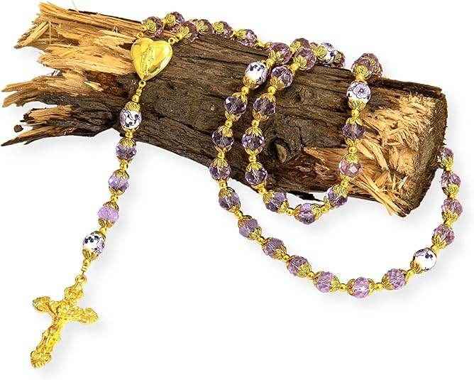 Purple Crystal Beads Gold Flowers Beaded Rosary Necklace Miraculous Heart Locket Medal (Copy)