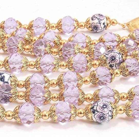 Purple Crystal Beads Gold Flowers Beaded Rosary Necklace Miraculous Heart Locket Medal (Copy)