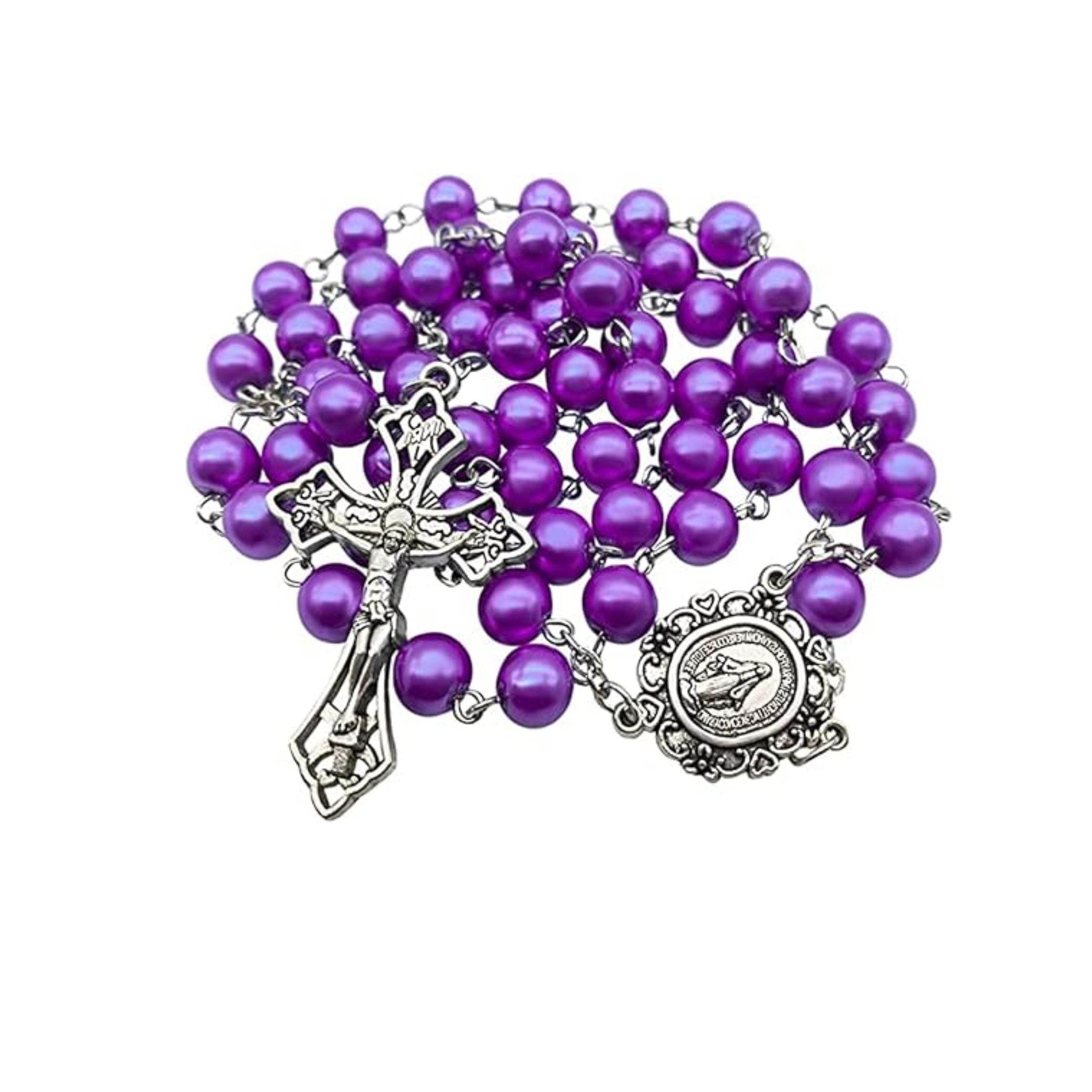 Purple Pearl Beads Rosary Necklace with Miraculous Medal & Crucifix Cross- Nazareth Store