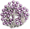 8mm round imitation pearl beads in vibrant purple color accented with metal mystery roses and small hematite stone beads