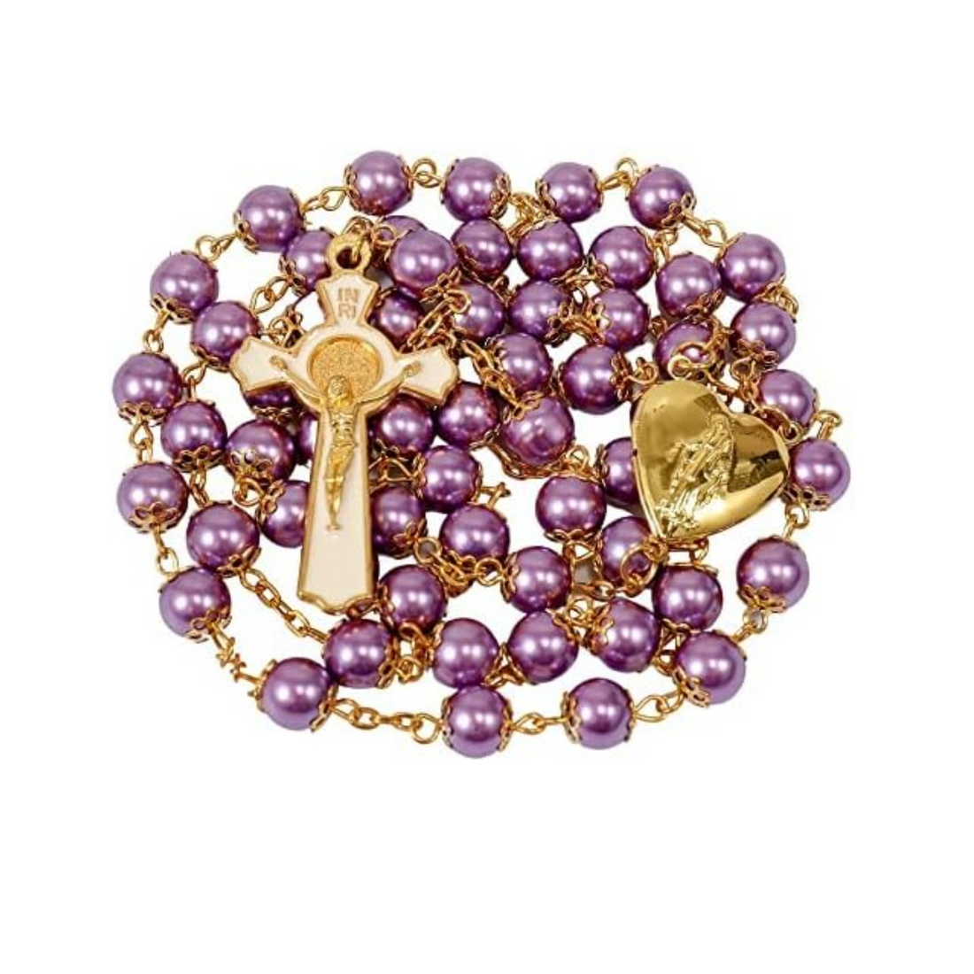 Purple Pearl Beads Rosary Necklace with Gold Prayer Chaplet, Miraculous Open Up Locket Centerpiece Medal, White Enamel Cross Nazareth Store