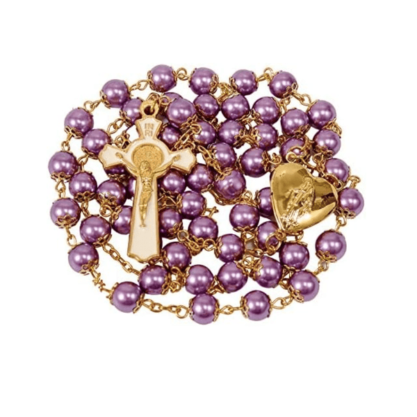 Purple Pearl Beads Rosary Necklace with Gold Prayer Chaplet, Miraculous Open Up Locket Centerpiece Medal, White Enamel Cross - Nazareth Store
