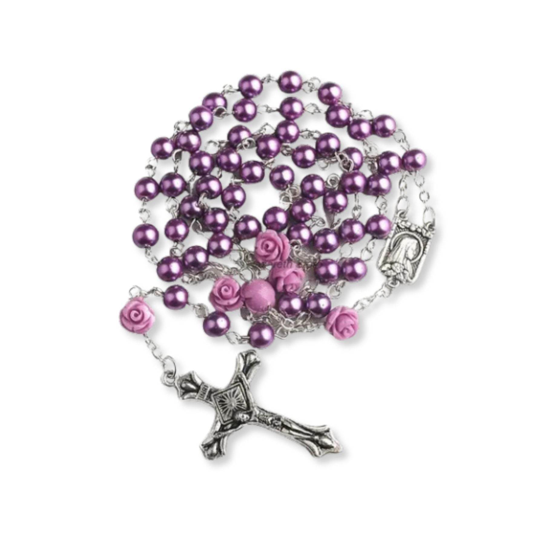 Purple Pearl Rosary Catholic Necklace Our Rose Lourdes Medal - Nazareth Store