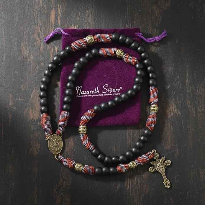 Black Matte Beaded Red Paracord Rosary Necklace Bronze St. Michael Medal & INRI Crucifix