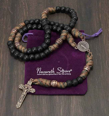 St. Benedict Paracord Rosary Necklace with Black Matte Beads & Copper Crucifix