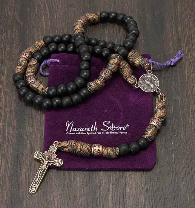 St. Benedict Paracord Rosary Necklace with Black Matte Beads & Copper Crucifix