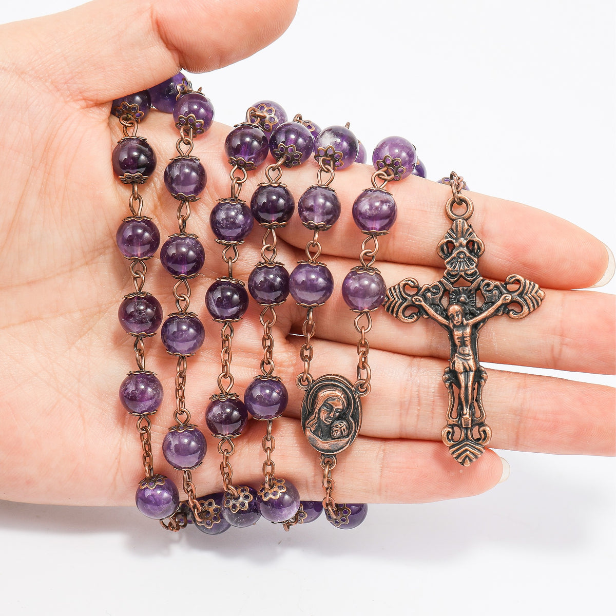 Purple Amethyst Stone Beads Rosary Necklace with Holy Soil Medal & Cross Crucifix - Nazareth Store