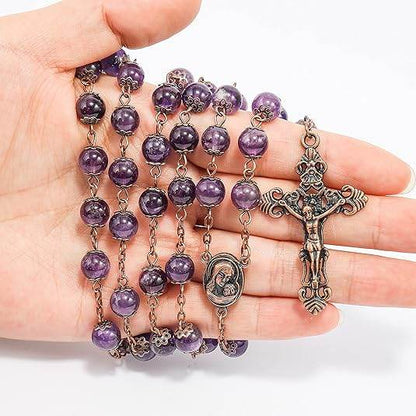 Purple Amethyst Stone Beads Rosary Necklace with Holy Soil Medal & Cross Crucifix - Nazareth Store