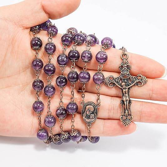 Purple Amethyst Stone Beads Rosary Necklace with Holy Soil Medal & Cross Crucifix - Nazareth Store