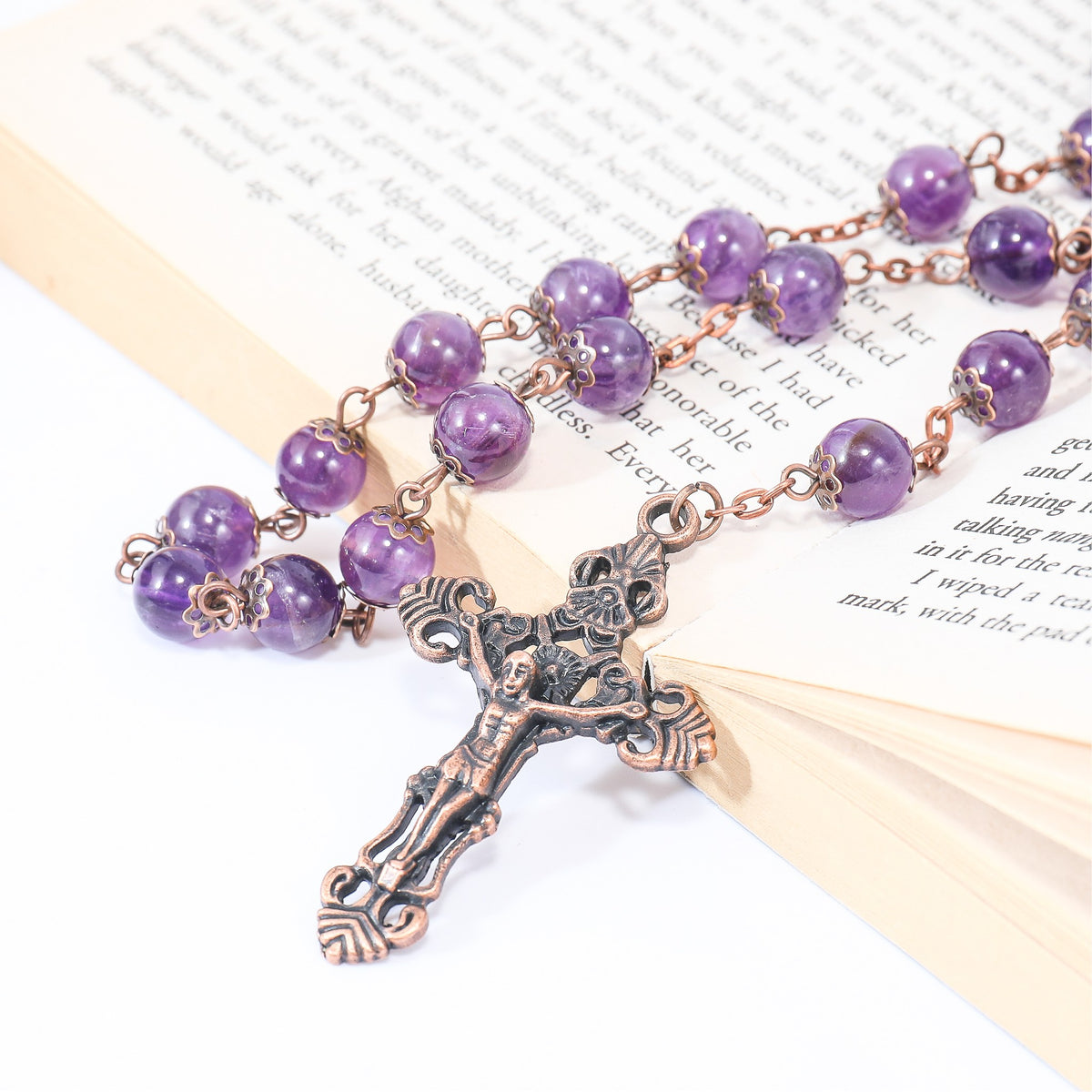 Purple Amethyst Stone Beads Rosary Necklace with Holy Soil Medal & Cross Crucifix - Nazareth Store