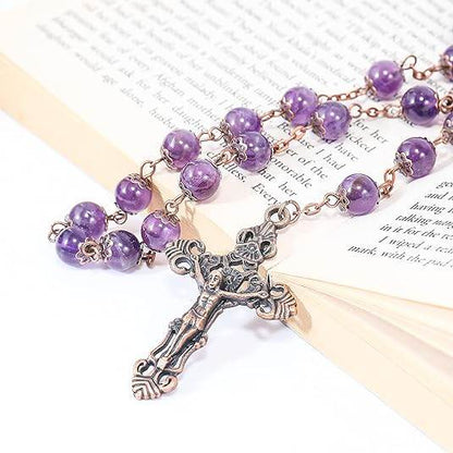 Purple Amethyst Stone Beads Rosary Necklace with Holy Soil Medal & Cross Crucifix - Nazareth Store