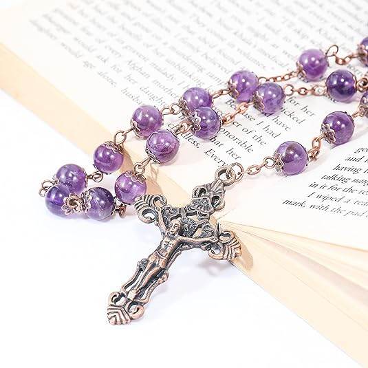Purple Amethyst Stone Beads Rosary Necklace with Holy Soil Medal & Cross Crucifix - Nazareth Store