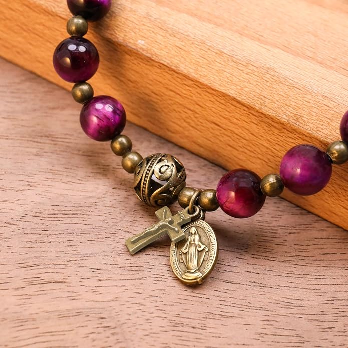 Purple Tiger Eye Rosary Bracelet Metal Separators with Miraculous Medal & Cross Wrist Jewelry - Nazareth Store