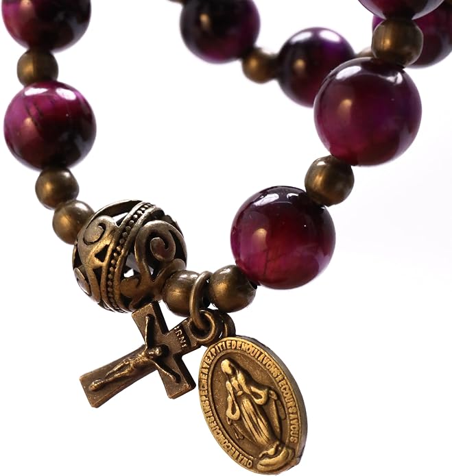Purple Tiger Eye Rosary Bracelet Metal Separators with Miraculous Medal & Cross Wrist Jewelry - Nazareth Store