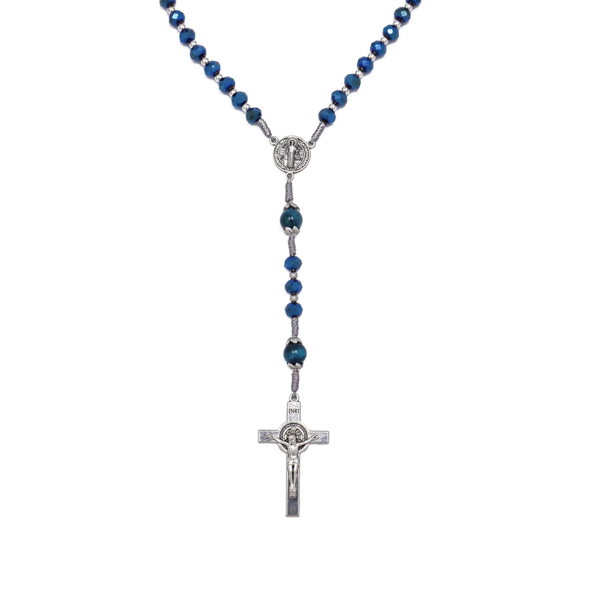 Blue Crystal Rosary Necklace with Tiger Eye Mystery Beads Silver-Plated St Benedict Medal & INRI Crucifix Handmade Catholic Prayer Beads Gift for Women & Men