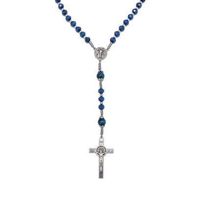 Blue Crystal Rosary Necklace with Tiger Eye Mystery Beads Silver-Plated St Benedict Medal & INRI Crucifix Handmade Catholic Prayer Beads Gift for Women & Men