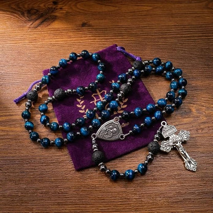 Blue Tiger Eye Rosary Necklace Lava Stone Prayer Beads with St. Joseph Medal & Crucifix - Nazareth Store 