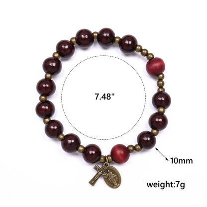 Dark Red Wooden Bead Rosary Bracelet with Antique Bronze Miraculous Medal & Cross