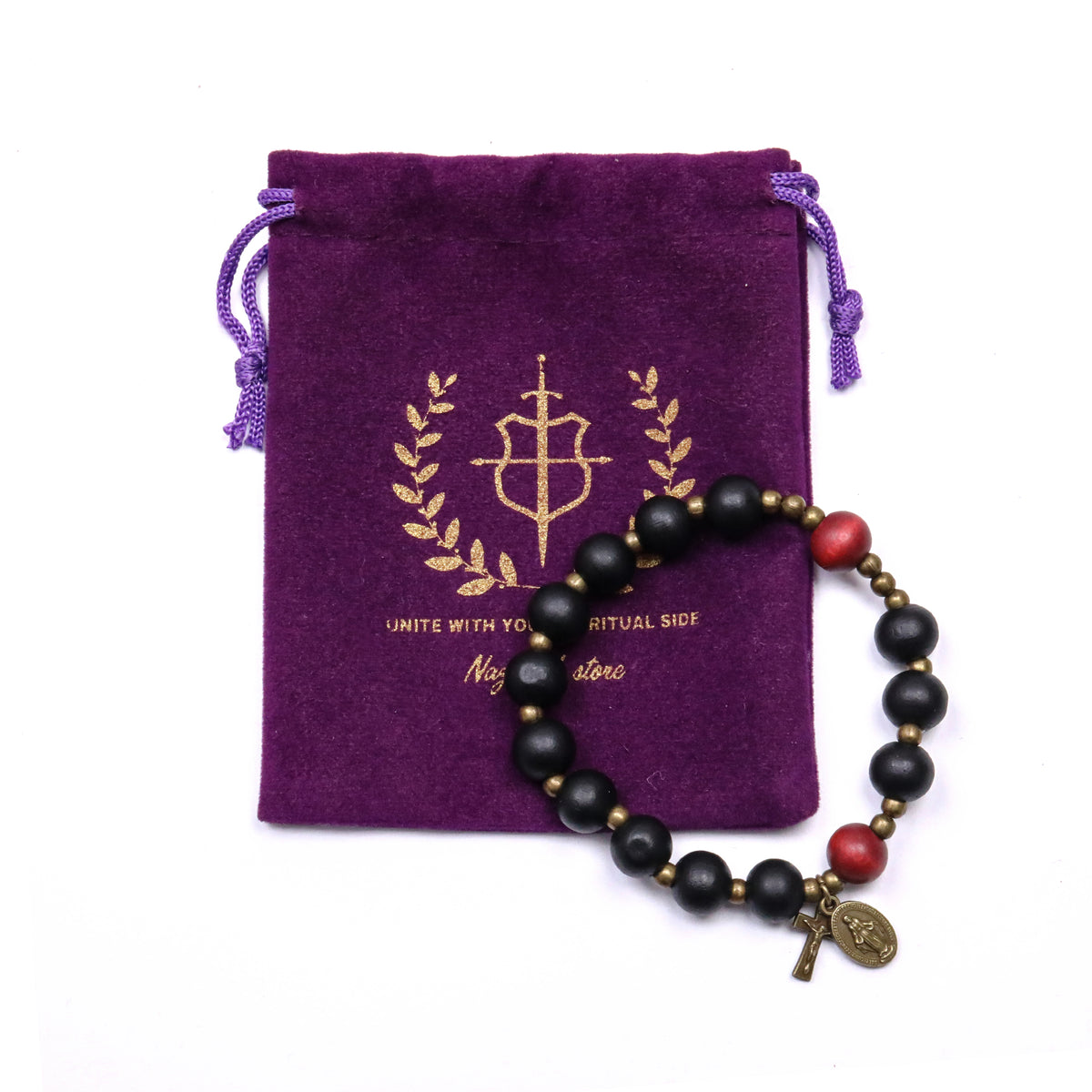 Handmade Catholic Stretchable Bracelet Wood Beads Antique Bronze Religious Gift for Men and Women