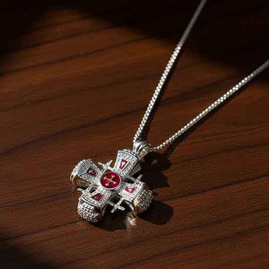 Red Enamel Jerusalem Cross Necklace Stainless Steel Silver Plated Pendant