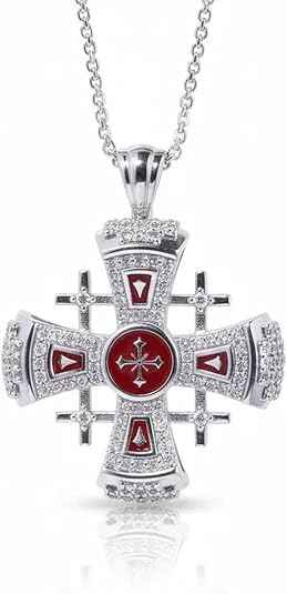 Red Enamel Jerusalem Cross Necklace Stainless Steel Silver Plated Pendant