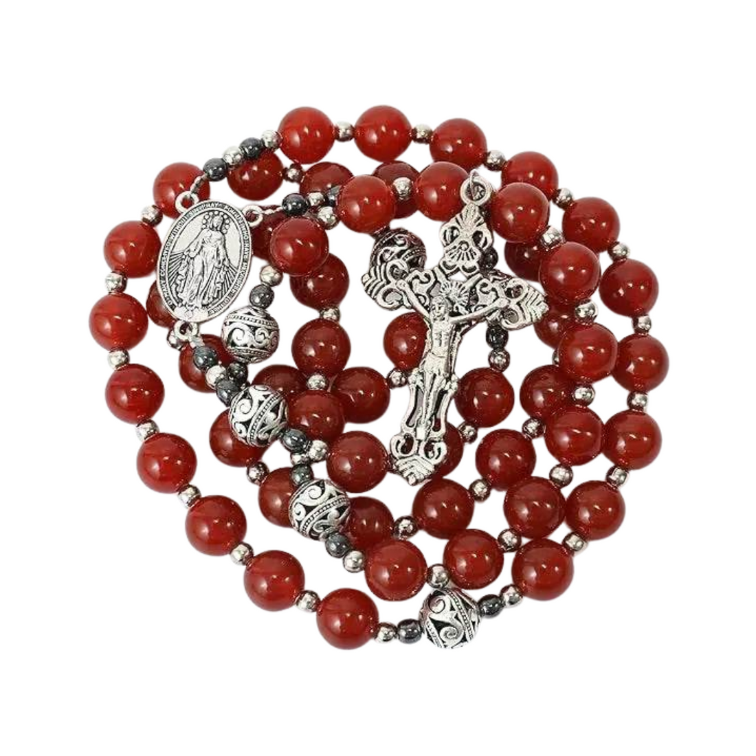 Nazareth Store Red Garnet Stone Rosary Necklace – Miraculous Medal & Silver Crucifix Nazareth Store