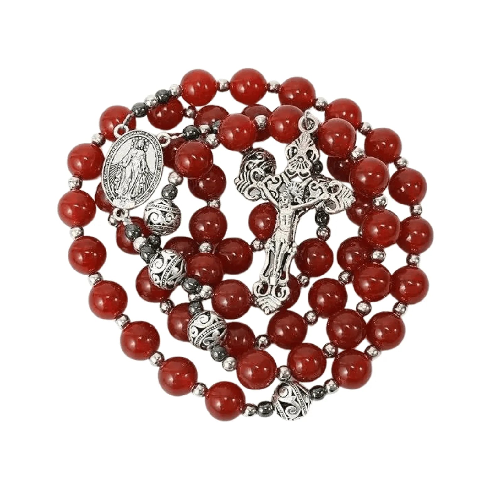 Red Garnet Stone Rosary Necklace Miraculous Medal & Silver Crucifix - Nazareth Store