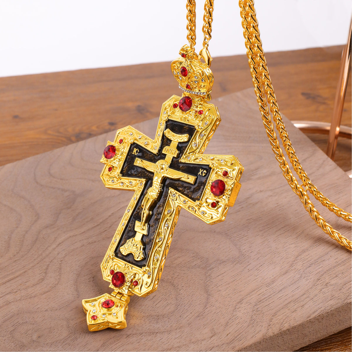 18K Gold Plated Grey Glaze Pectoral Cross Pendant Red Zircon Crucifix Necklace