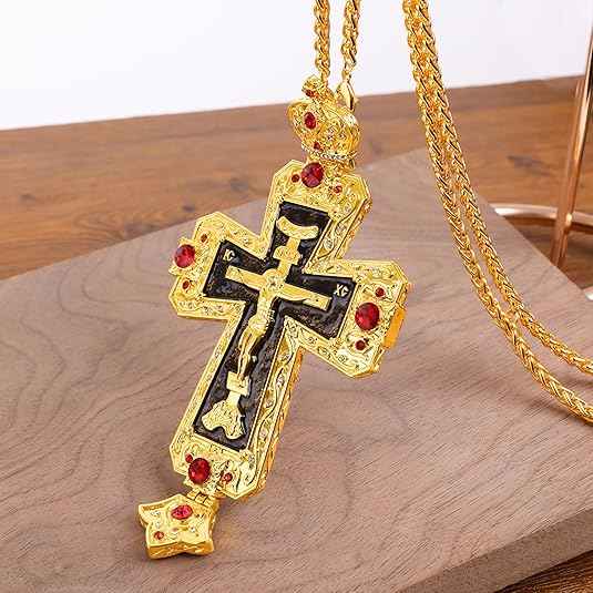 18K Gold Plated Grey Glaze Pectoral Cross Pendant Red Zircon Crucifix Necklace