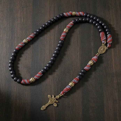 Black Matte Beaded Red Paracord Rosary Necklace Bronze St. Michael Medal & INRI Crucifix
