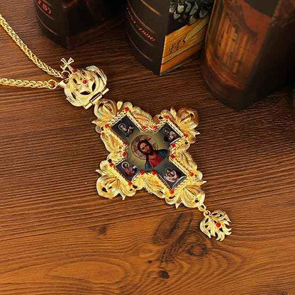 Gold Plated Red Stone Orthodox Cross Pendant Crucifix Necklace with Jesus Icon