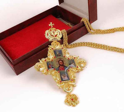 Gold Plated Red Stone Orthodox Cross Pendant Crucifix Necklace with Jesus Icon