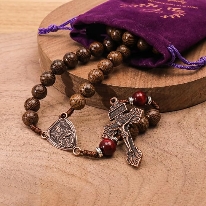 Handmade Wooden Beads Rosary Necklace with Our Father Medal & Crucifix Religious Gift - Nazareth Store