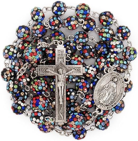This Rosary features 8mm multicolor crystallized beads with 10mm mystery beads and extends to a total length of 22 inches, beautifully crafted for both reflection and adornment. It is highlighted by a 2-inch Crucifix and a Miraculous medal, enhancing its spiritual essence.
Nazareth Store