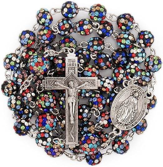 Colorful Black with Colorful White Beads Rhinestones Crystal Beads Rosary - Nazareth Store