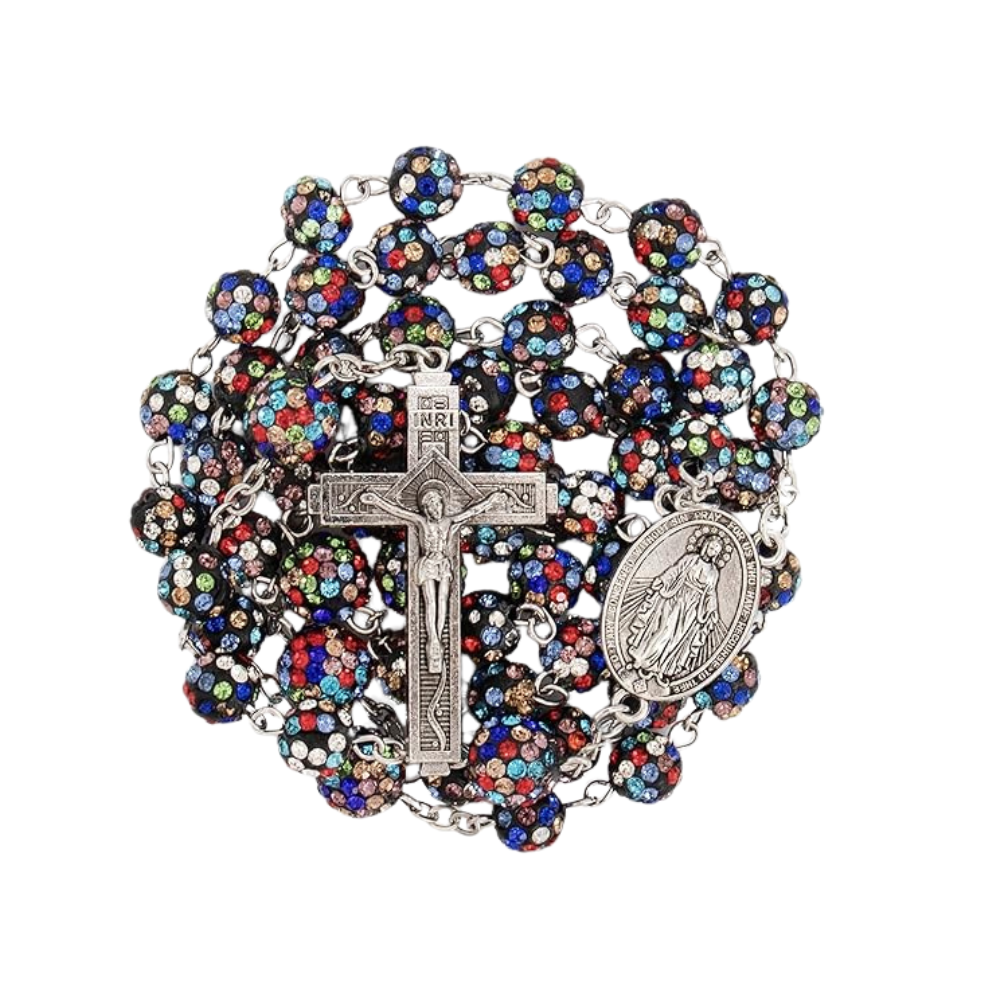 This Rosary features 8mm multicolor crystallized beads with 10mm mystery beads and extends to a total length of 22 inches, beautifully crafted for both reflection and adornment. It is highlighted by a 2-inch Crucifix and a Miraculous medal, enhancing its spiritual essence.
Nazareth Store