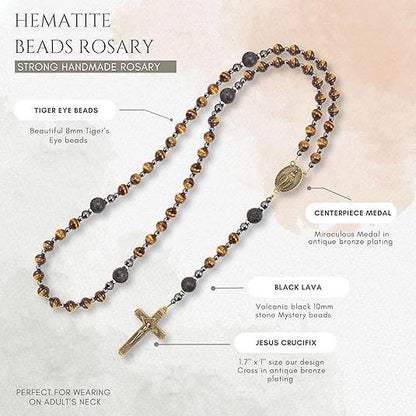 Brown Tiger Eye Catholic Rosary with Miraculous Medal & Cross Necklace for Men's - Nazareth Store