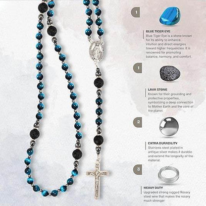 Men's Blue Tiger Eye Rosary with Lava Beads Miraculous Medal & Cross Rosary Necklace - Nazareth Store