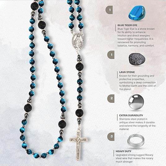 Men's Blue Tiger Eye Rosary with Lava Beads Miraculous Medal & Cross Rosary Necklace - Nazareth Store