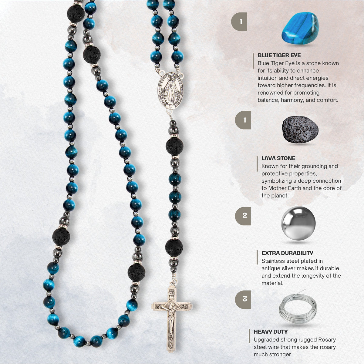 Men's Blue Tiger Eye Rosary with Lava Beads Miraculous Medal & Cross Rosary Necklace - Nazareth Store