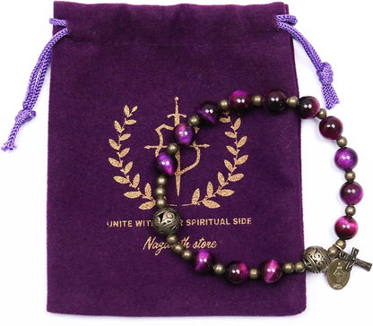 Purple Tiger Eye Rosary Bracelet Metal Separators with Miraculous Medal & Cross Wrist Jewelry - Nazareth Store